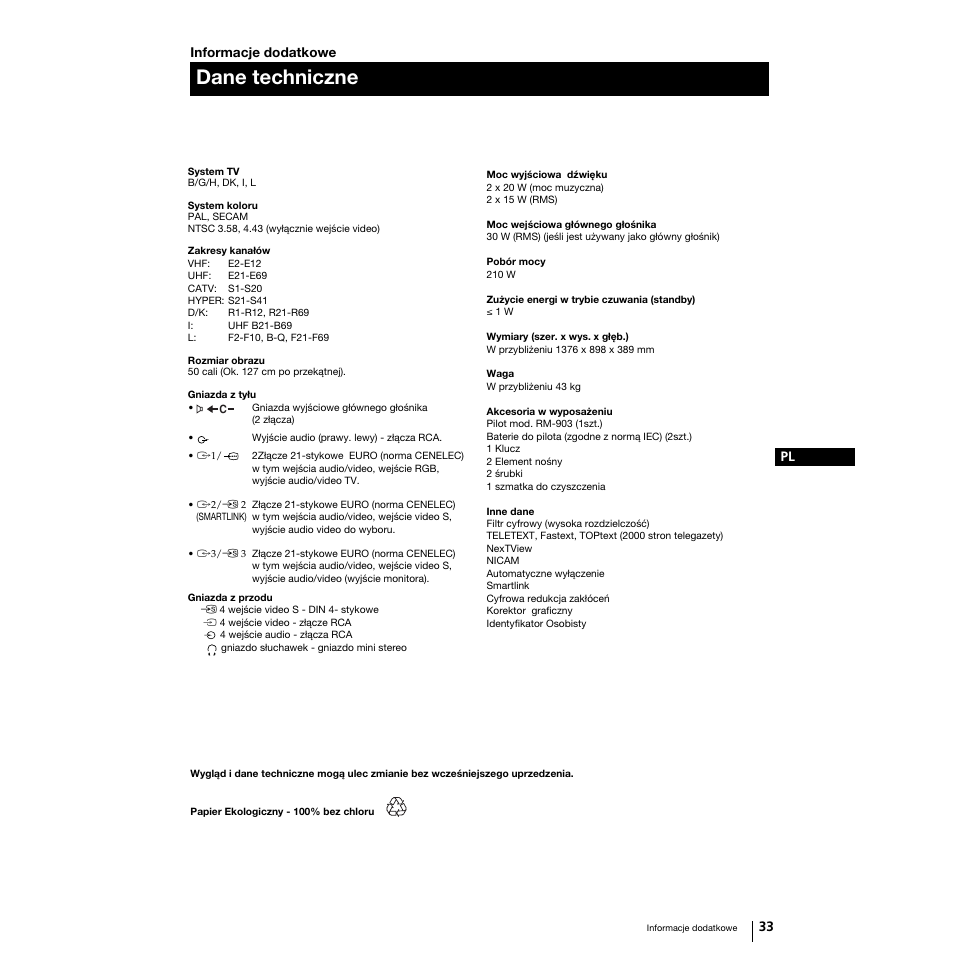 Dane techniczne | Sony Grand Wega KF-50SX100K User Manual | Page 96 / 193