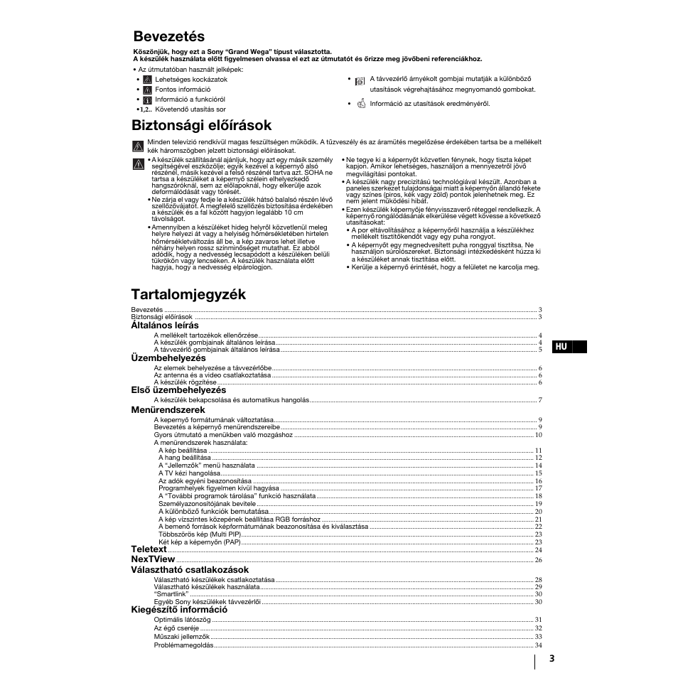 Bevezetés, Biztonsági előírások, Tartalomjegyzék | Menu k | Sony Grand Wega KF-50SX100K User Manual | Page 98 / 193