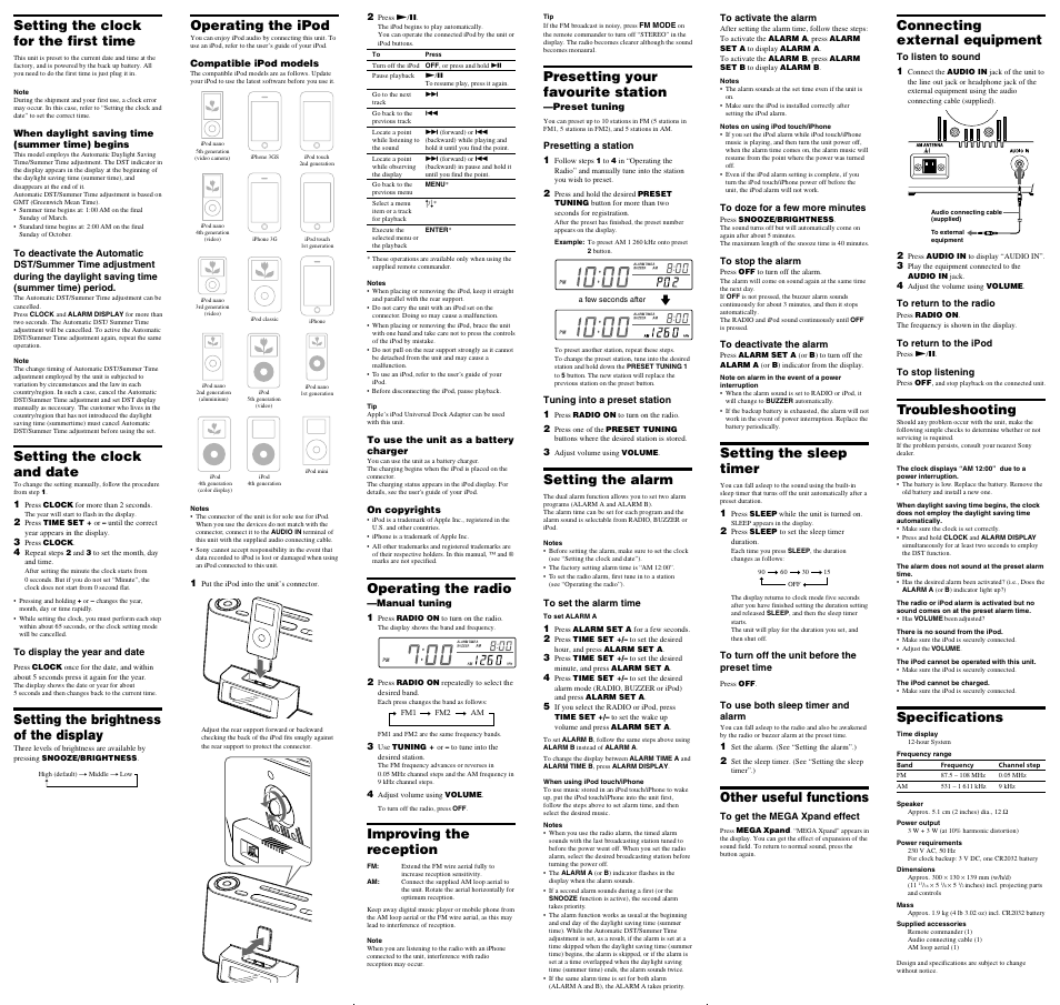 Operating the ipod, Setting the clock for the first time, Setting the clock and date | Setting the brightness of the display, Troubleshooting, Specifications, Operating the radio, Improving the reception, Presetting your favourite station, Setting the alarm | Sony Dream Machine 3-873-060-34(1) User Manual | Page 2 / 2