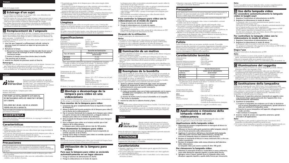 C eclairage d’un sujet, D remplacement de l’ampoule, Advertencia | Características, Precauciones, Limpieza, Especificaciones, B utilización de la lámpara para vídeo, C iluminación de un motivo, D reemplazo de la bombilla | Sony HVL-HL1 User Manual | Page 2 / 2