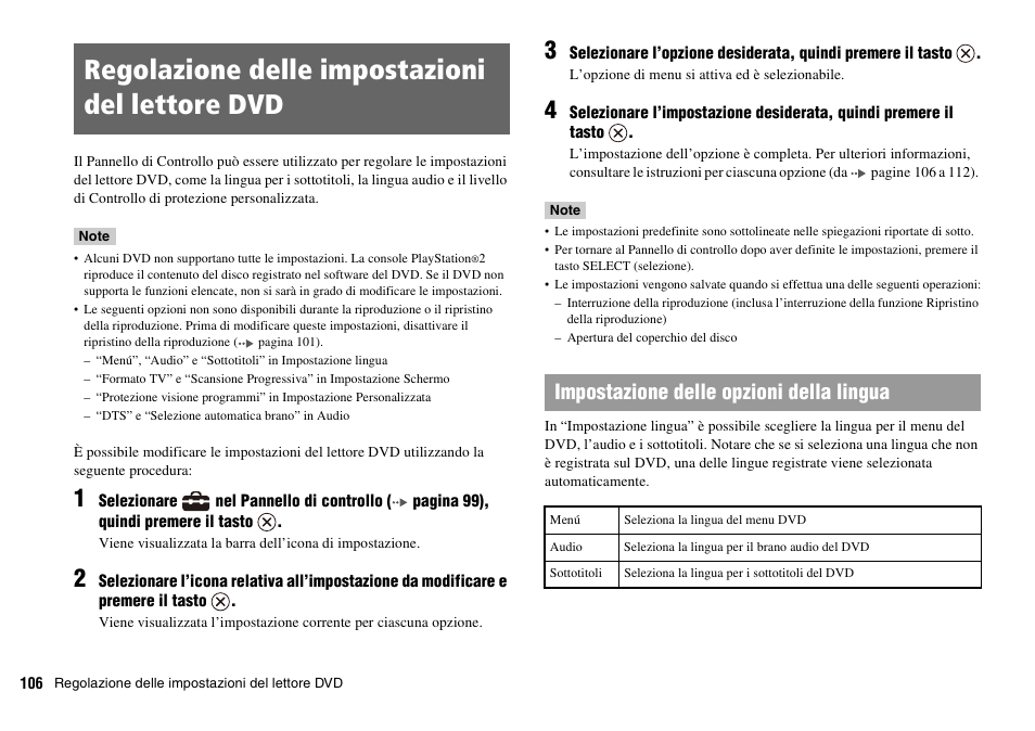 Regolazione delle impostazioni del lettore dvd, Impostazione delle opzioni della lingua | Sony PLAYSTATION 2 SCPH-90004 User Manual | Page 106 / 166