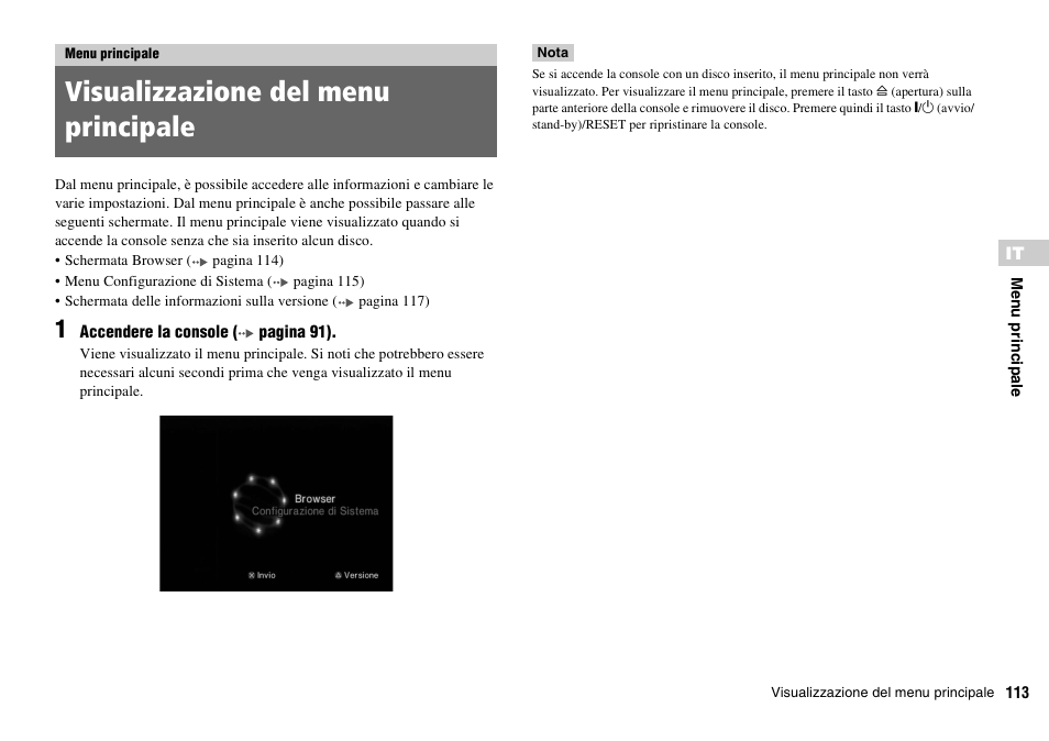 Menu principale, Visualizzazione del menu principale | Sony PLAYSTATION 2 SCPH-90004 User Manual | Page 113 / 166