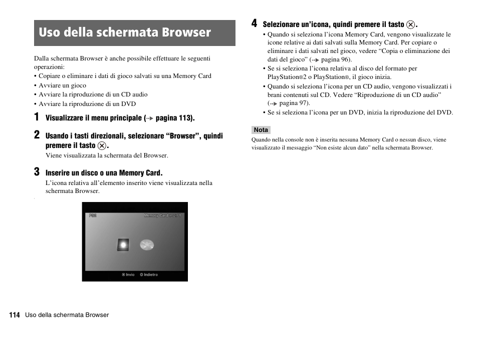 Uso della schermata browser | Sony PLAYSTATION 2 SCPH-90004 User Manual | Page 114 / 166