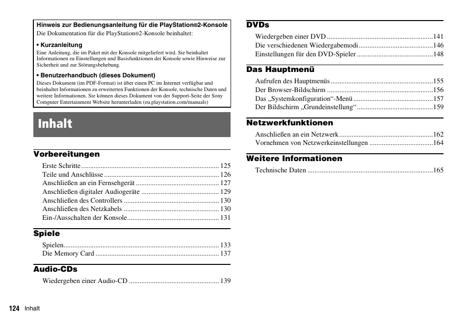 Inhalt | Sony PLAYSTATION 2 SCPH-90004 User Manual | Page 124 / 166