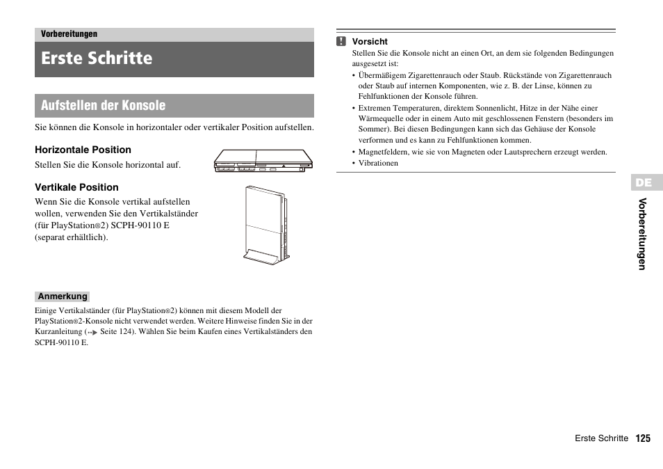 Vorbereitungen, Erste schritte, Aufstellen der konsole | Sony PLAYSTATION 2 SCPH-90004 User Manual | Page 125 / 166