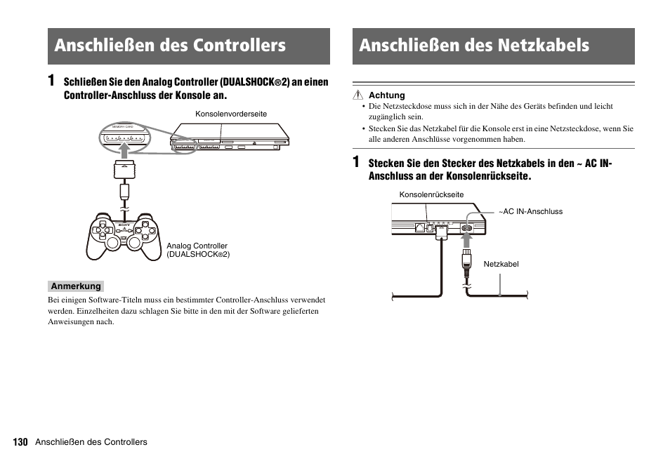 Anschließen des controllers, Anschließen des netzkabels | Sony PLAYSTATION 2 SCPH-90004 User Manual | Page 130 / 166