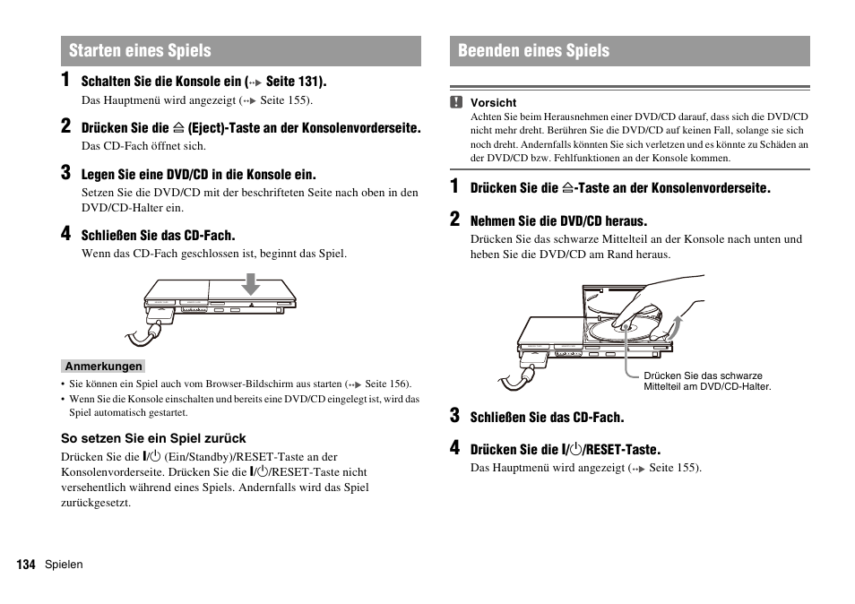 Starten eines spiels, Beenden eines spiels | Sony PLAYSTATION 2 SCPH-90004 User Manual | Page 134 / 166