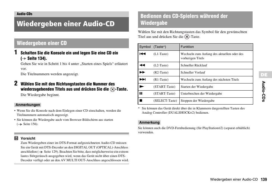 Audio-cds, Wiedergeben einer audio-cd | Sony PLAYSTATION 2 SCPH-90004 User Manual | Page 139 / 166
