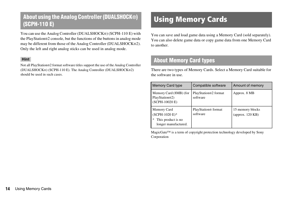 Using memory cards, About using the analog controller (dualshock, Scph-110 e) | Sony PLAYSTATION 2 SCPH-90004 User Manual | Page 14 / 166