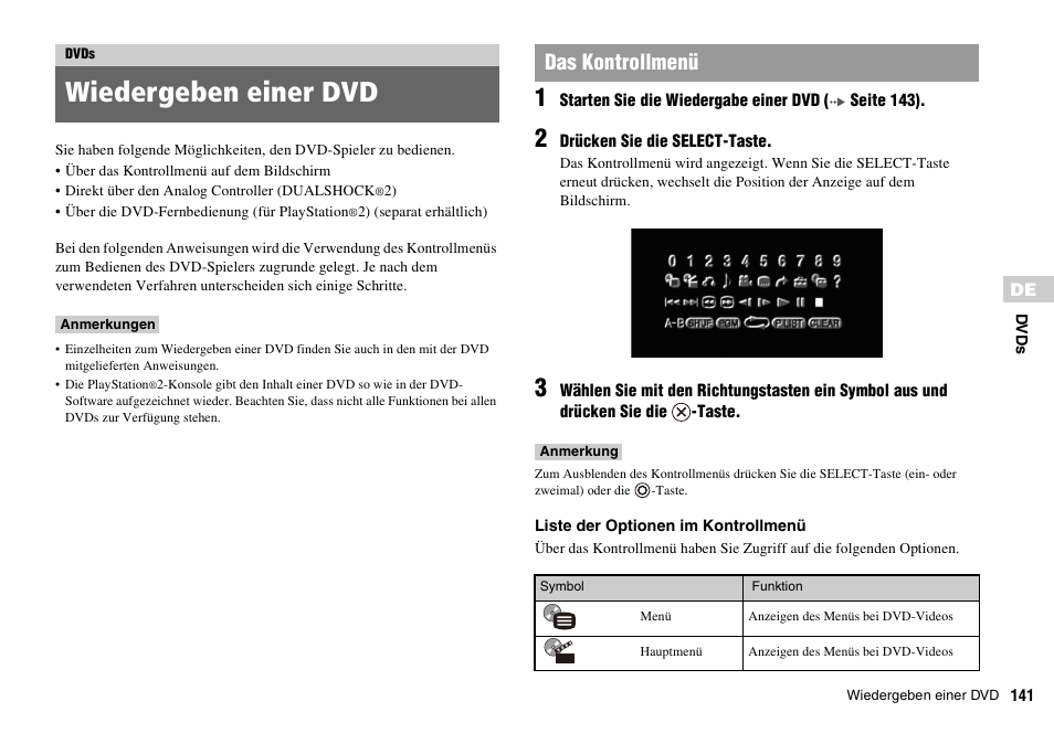 Dvds, Wiedergeben einer dvd, Das kontrollmenü | Sony PLAYSTATION 2 SCPH-90004 User Manual | Page 141 / 166