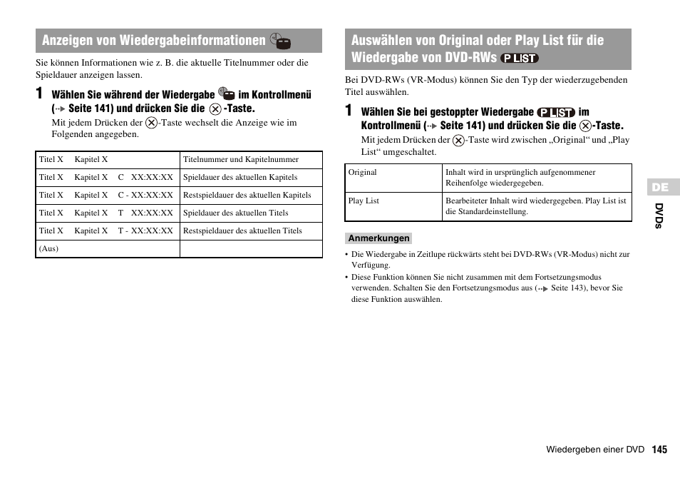 Seite 145), Anzeigen von wiedergabeinformationen | Sony PLAYSTATION 2 SCPH-90004 User Manual | Page 145 / 166