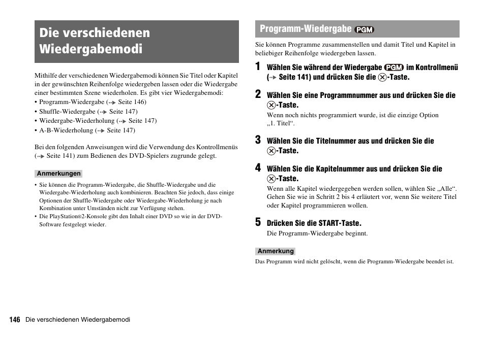 Die verschiedenen wiedergabemodi, Programm-wiedergabe | Sony PLAYSTATION 2 SCPH-90004 User Manual | Page 146 / 166