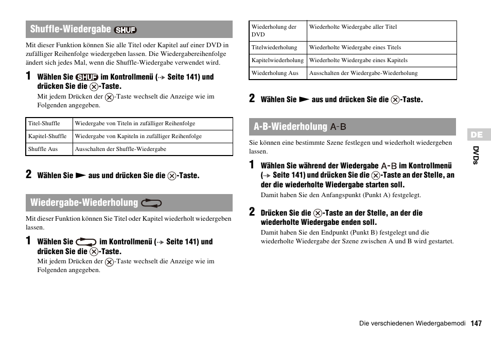 Seite 147, Shuffle-wiedergabe, Wiedergabe-wiederholung | A-b-wiederholung | Sony PLAYSTATION 2 SCPH-90004 User Manual | Page 147 / 166