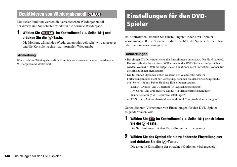 Einstellungen für den dvd-spieler, Seite 148), Einstellungen für den dvd- spieler | Deaktivieren von wiedergabemodi | Sony PLAYSTATION 2 SCPH-90004 User Manual | Page 148 / 166