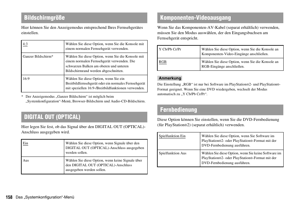 Bildschirmgröße, Digital out (optical), Komponenten-videoausgang | Fernbedienung | Sony PLAYSTATION 2 SCPH-90004 User Manual | Page 158 / 166