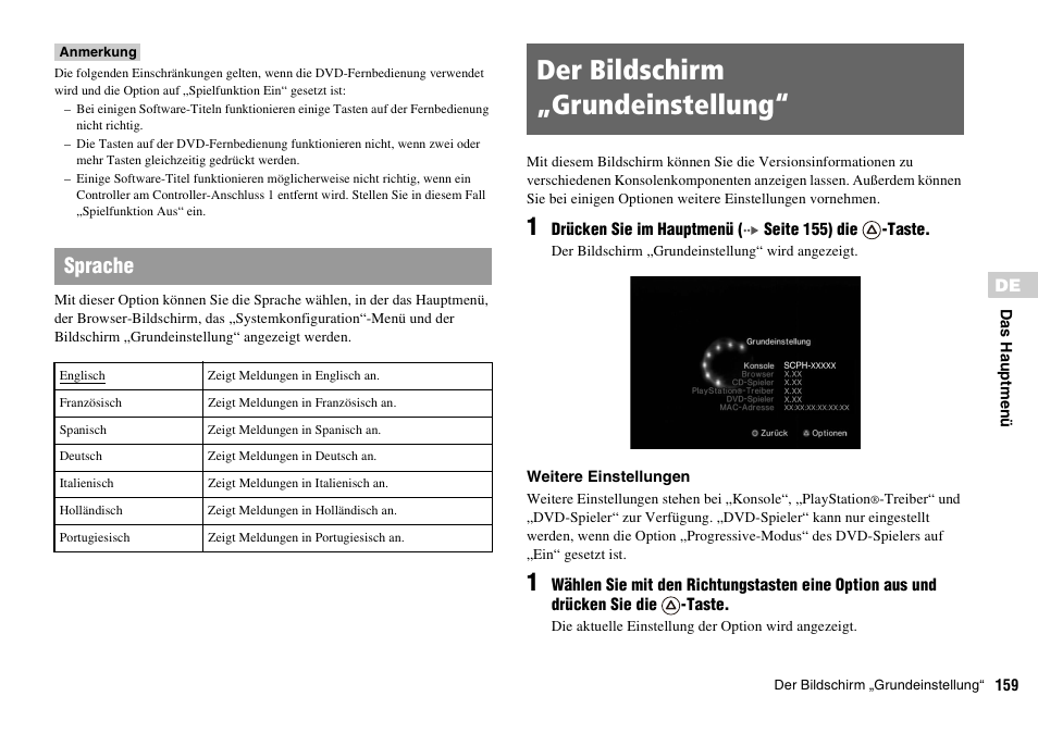 Der bildschirm „grundeinstellung, Seite 159, Sprache | Sony PLAYSTATION 2 SCPH-90004 User Manual | Page 159 / 166