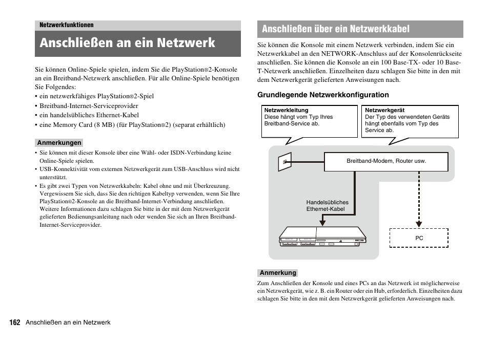 Netzwerkfunktionen, Anschließen an ein netzwerk, Seite 162 | Anschließen über ein netzwerkkabel | Sony PLAYSTATION 2 SCPH-90004 User Manual | Page 162 / 166