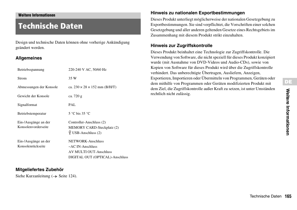 Weitere informationen, Technische daten | Sony PLAYSTATION 2 SCPH-90004 User Manual | Page 165 / 166