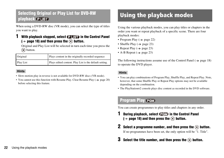 Using the playback modes, Program play | Sony PLAYSTATION 2 SCPH-90004 User Manual | Page 22 / 166