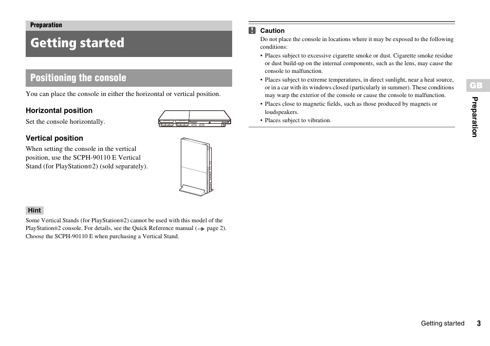 Preparation, Getting started, Positioning the console | Sony PLAYSTATION 2 SCPH-90004 User Manual | Page 3 / 166