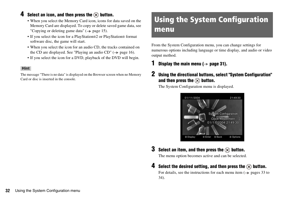 Using the system configuration menu | Sony PLAYSTATION 2 SCPH-90004 User Manual | Page 32 / 166