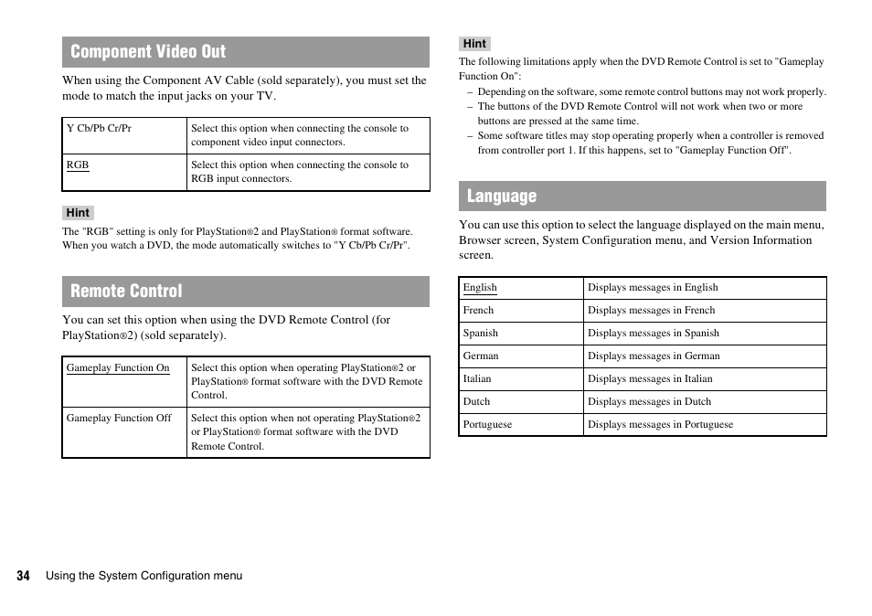 Component video out, Remote control, Language | Sony PLAYSTATION 2 SCPH-90004 User Manual | Page 34 / 166