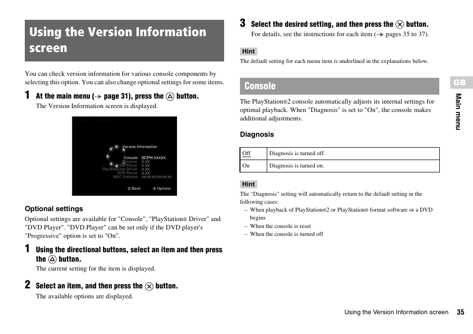 Using the version information screen, Console | Sony PLAYSTATION 2 SCPH-90004 User Manual | Page 35 / 166
