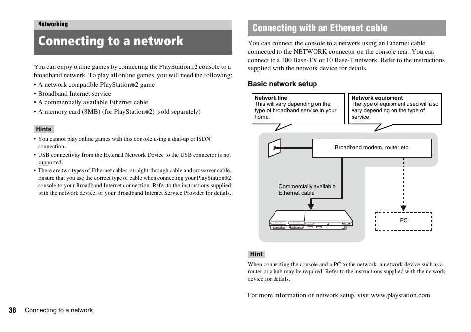 Networking, Connecting to a network, Connecting with an ethernet cable | Sony PLAYSTATION 2 SCPH-90004 User Manual | Page 38 / 166