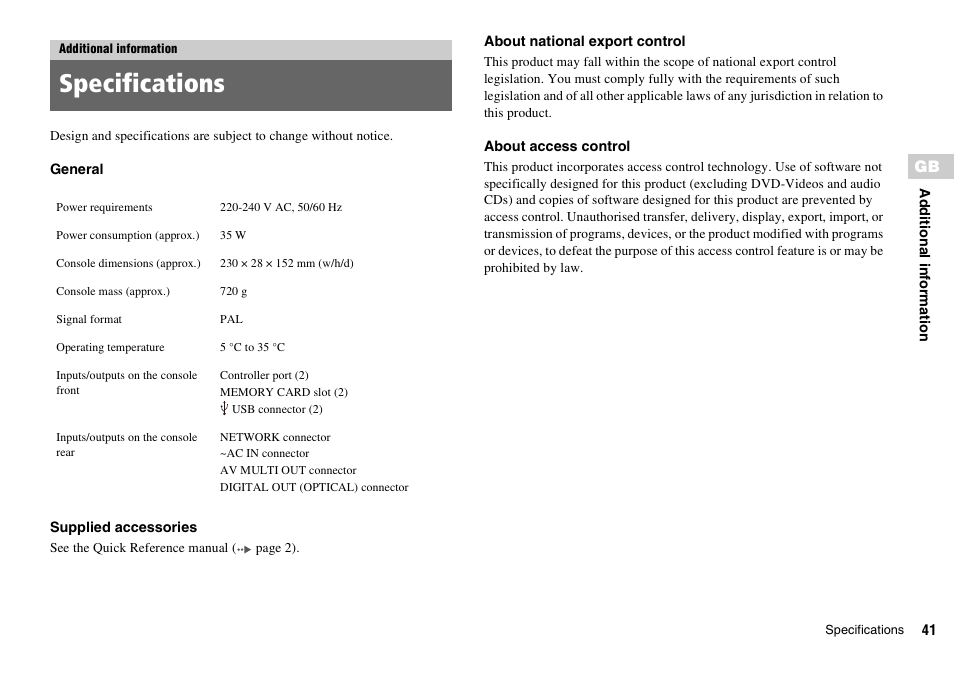 Additional information, Specifications | Sony PLAYSTATION 2 SCPH-90004 User Manual | Page 41 / 166