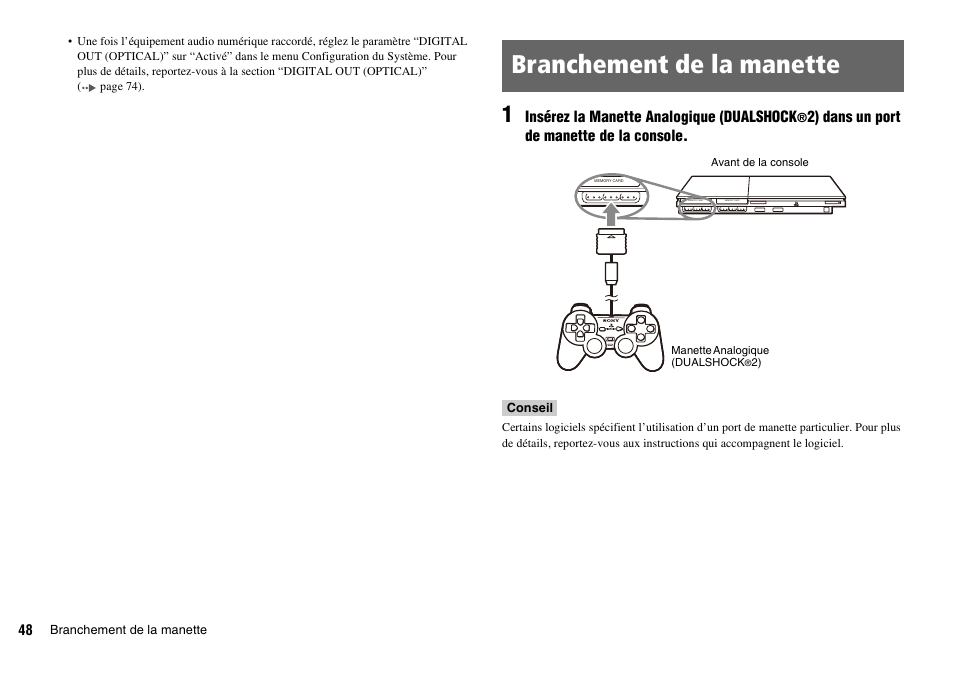 Branchement de la manette | Sony PLAYSTATION 2 SCPH-90004 User Manual | Page 48 / 166