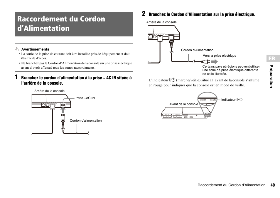 Raccordement du cordon d’alimentation | Sony PLAYSTATION 2 SCPH-90004 User Manual | Page 49 / 166