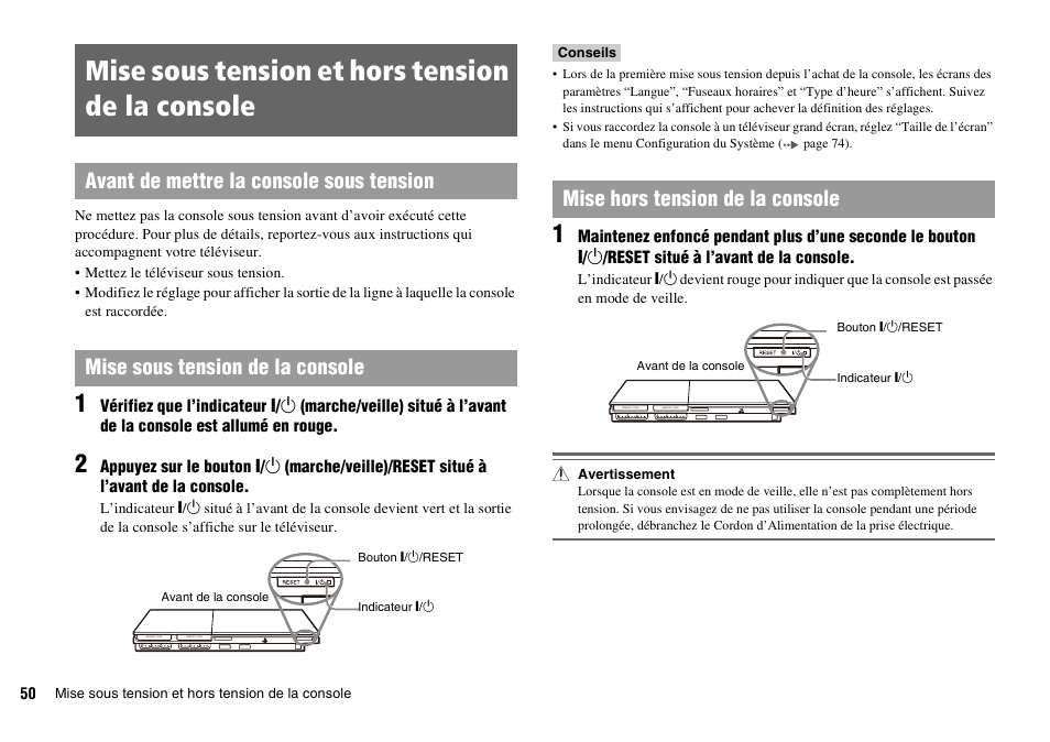 Mise sous tension et hors tension de la console, Mise hors tension de la console | Sony PLAYSTATION 2 SCPH-90004 User Manual | Page 50 / 166