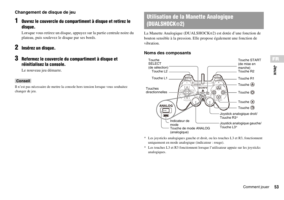 Utilisation de la manette analogique (dualshock | Sony PLAYSTATION 2 SCPH-90004 User Manual | Page 53 / 166