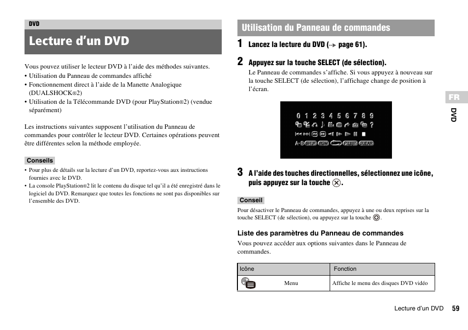 Lecture d’un dvd, Utilisation du panneau de commandes | Sony PLAYSTATION 2 SCPH-90004 User Manual | Page 59 / 166