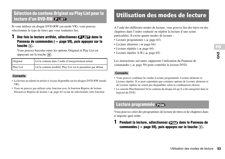 Utilisation des modes de lecture, Lecture programmée | Sony PLAYSTATION 2 SCPH-90004 User Manual | Page 63 / 166