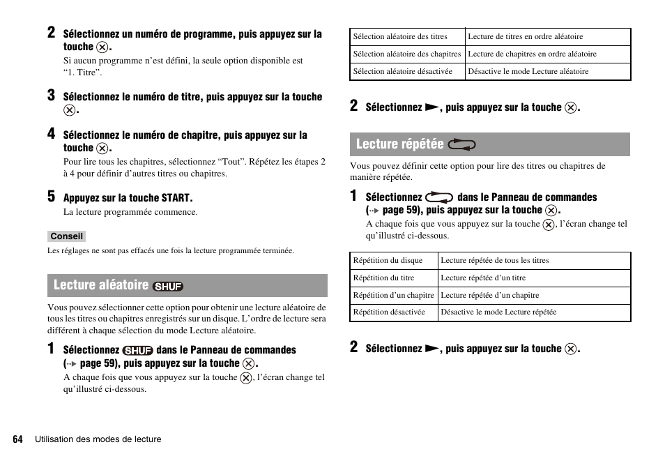 Lecture aléatoire, Lecture répétée | Sony PLAYSTATION 2 SCPH-90004 User Manual | Page 64 / 166