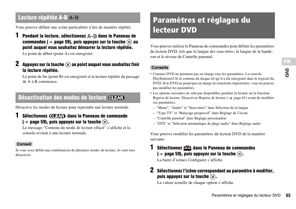 Paramètres et réglages du lecteur dvd | Sony PLAYSTATION 2 SCPH-90004 User Manual | Page 65 / 166