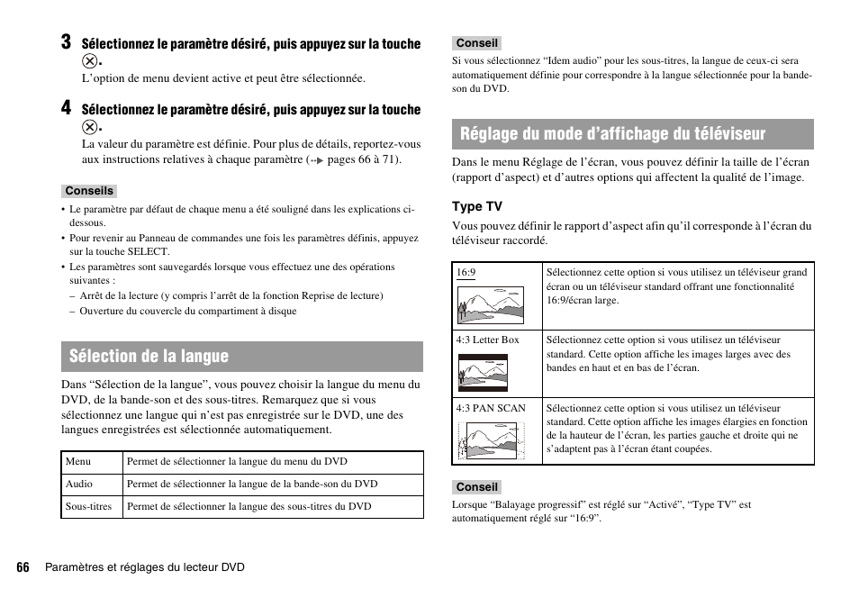 Sélection de la langue, Réglage du mode d’affichage du téléviseur | Sony PLAYSTATION 2 SCPH-90004 User Manual | Page 66 / 166
