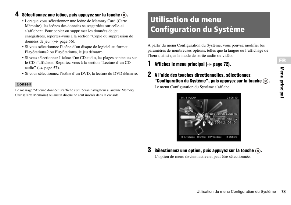 Utilisation du menu configuration du système | Sony PLAYSTATION 2 SCPH-90004 User Manual | Page 73 / 166