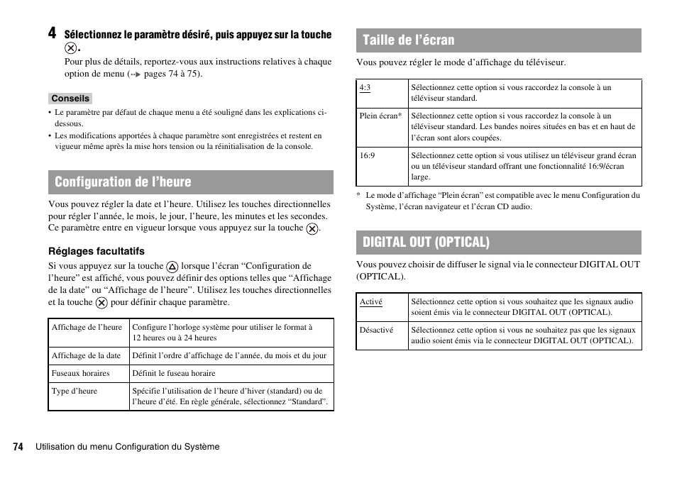 Configuration de l’heure, Taille de l’écran, Digital out (optical) | Sony PLAYSTATION 2 SCPH-90004 User Manual | Page 74 / 166