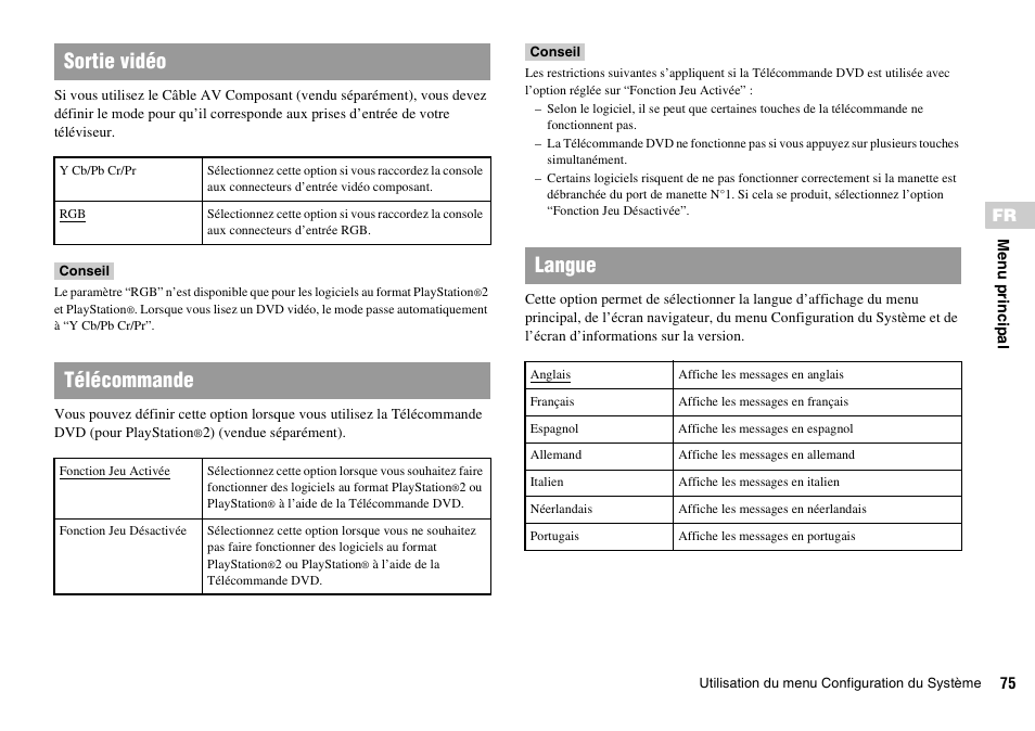 Sortie vidéo, Télécommande, Langue | Sony PLAYSTATION 2 SCPH-90004 User Manual | Page 75 / 166