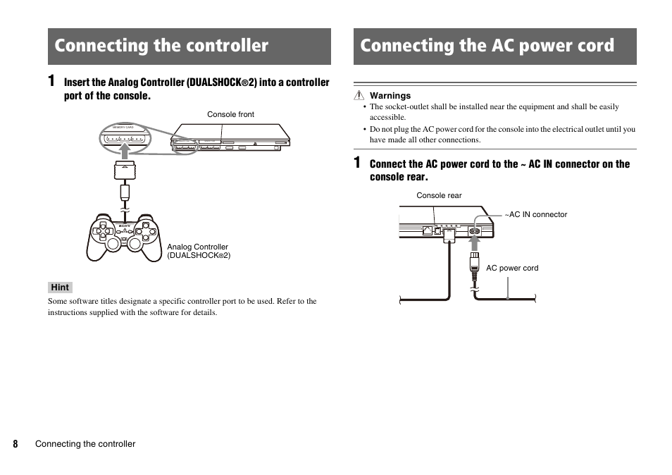 Connecting the controller, Connecting the ac power cord | Sony PLAYSTATION 2 SCPH-90004 User Manual | Page 8 / 166