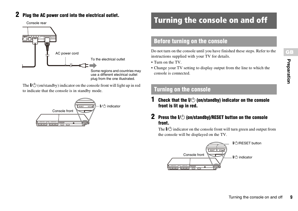 Turning the console on and off | Sony PLAYSTATION 2 SCPH-90004 User Manual | Page 9 / 166