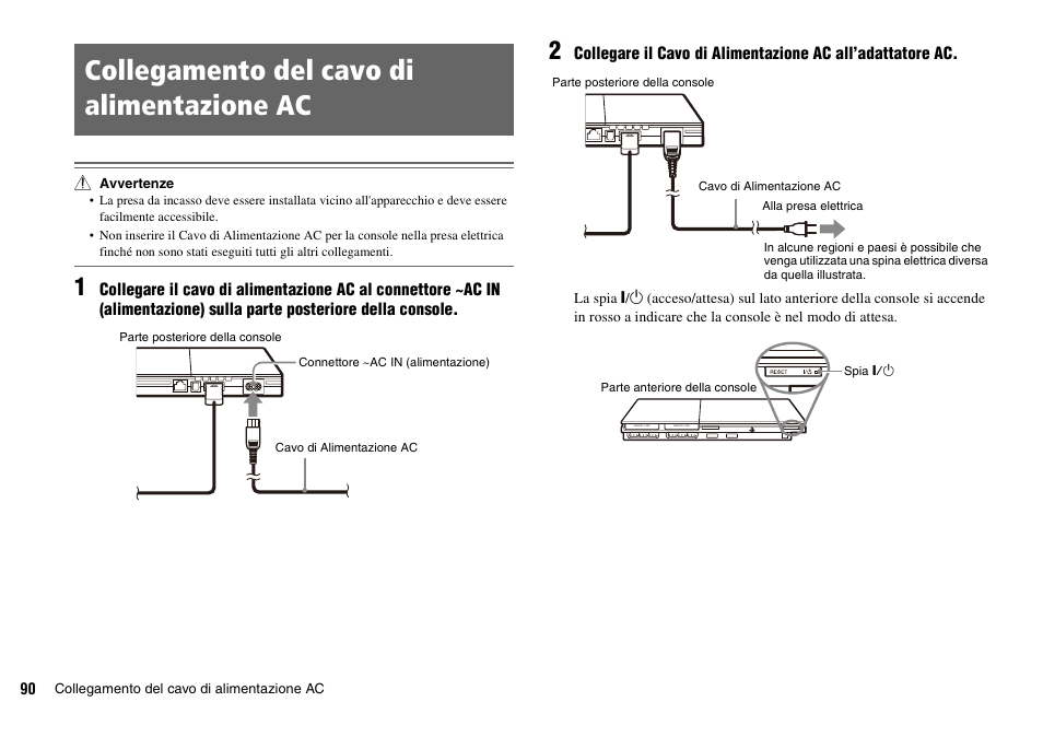 Collegamento del cavo di alimentazione ac | Sony PLAYSTATION 2 SCPH-90004 User Manual | Page 90 / 166