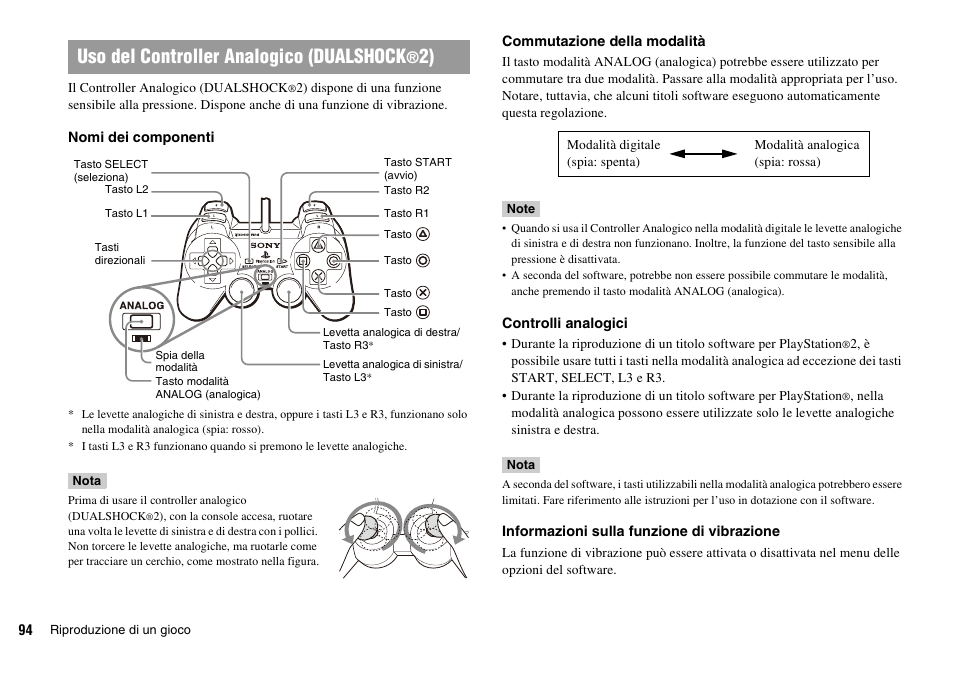 Uso del controller analogico (dualshock | Sony PLAYSTATION 2 SCPH-90004 User Manual | Page 94 / 166