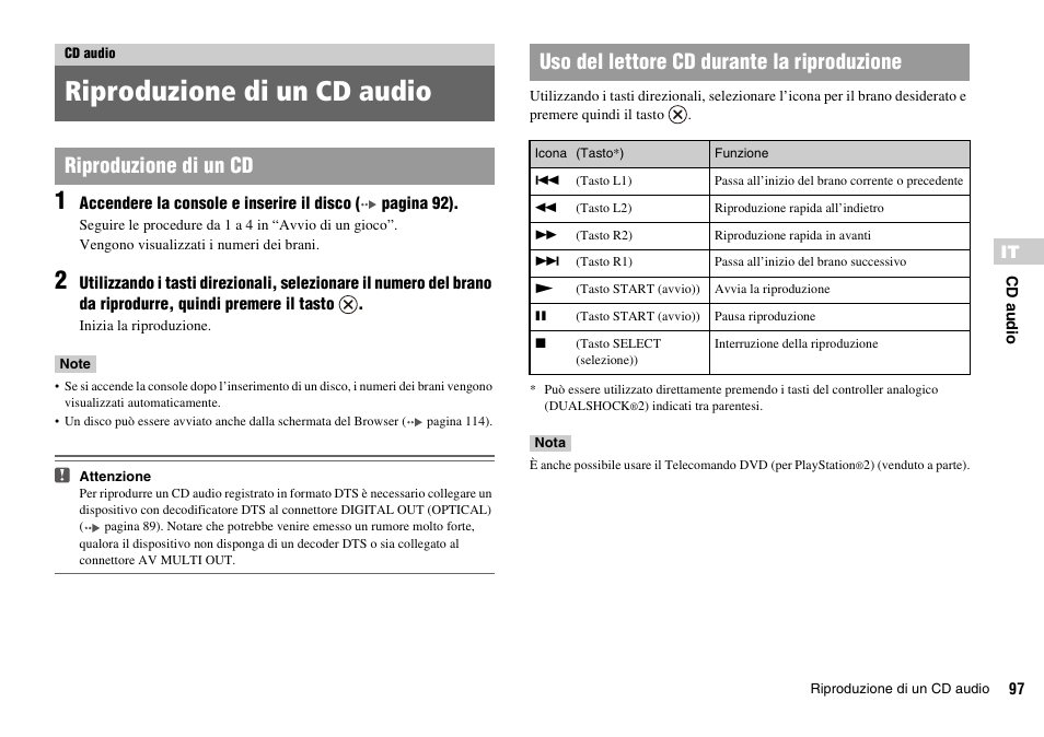 Cd audio, Riproduzione di un cd audio | Sony PLAYSTATION 2 SCPH-90004 User Manual | Page 97 / 166