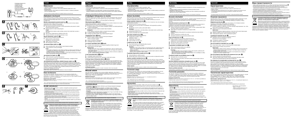 Ab c d, Właściwości, Zakładanie słuchawek | Dane techniczne, Środki ostrożności, Jellemzők, A fejhallgató felhelyezése és viselete, Műszaki adatok, Óvintézkedések, Charakteristika | Sony MDR AS40EX User Manual | Page 2 / 2
