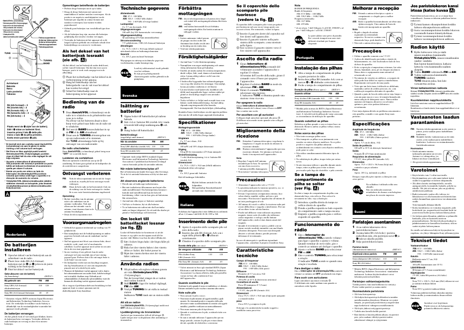 Inserimento delle pile, Ascolto della radio, Miglioramento della ricezione | Precauzioni, Caratteristiche tecniche, Instalação das pilhas, Funcionamento do rádio, De batterijen installeren, Bediening van de radio, Ontvangst verbeteren | Sony ICF-S22 User Manual | Page 2 / 2