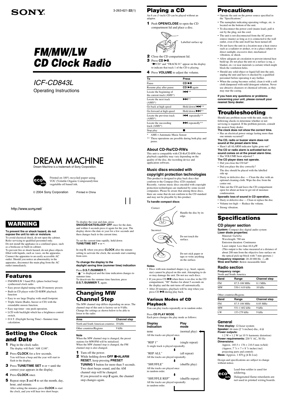 Sony ICF-CD843L User Manual | 2 pages