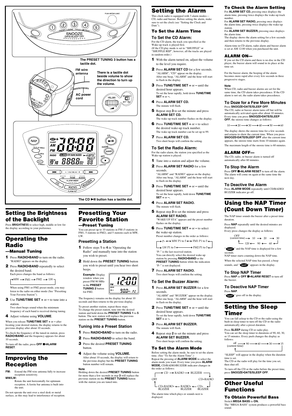 Setting the brightness of the backlight, Operating the radio, Improving the reception | Presetting your favorite station, Setting the alarm, Using the nap timer (count down timer), Setting the sleep timer, Other useful functions | Sony ICF-CD843L User Manual | Page 2 / 2
